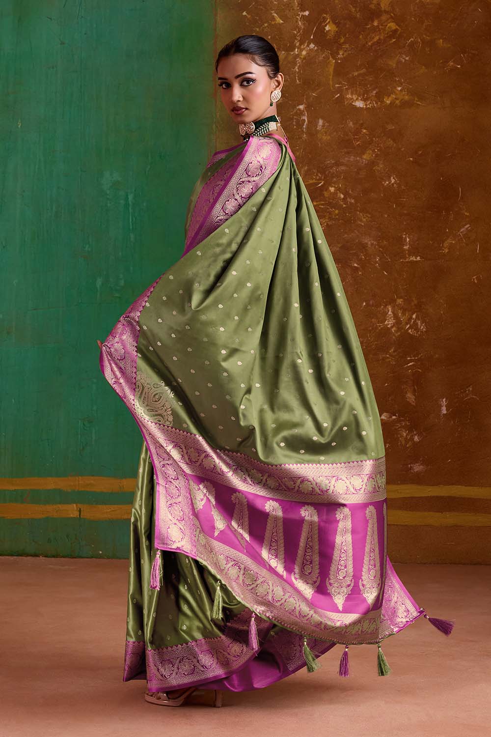 Julia Olive Green Satin Handloom Weaving Silk Ready to Wear Saree