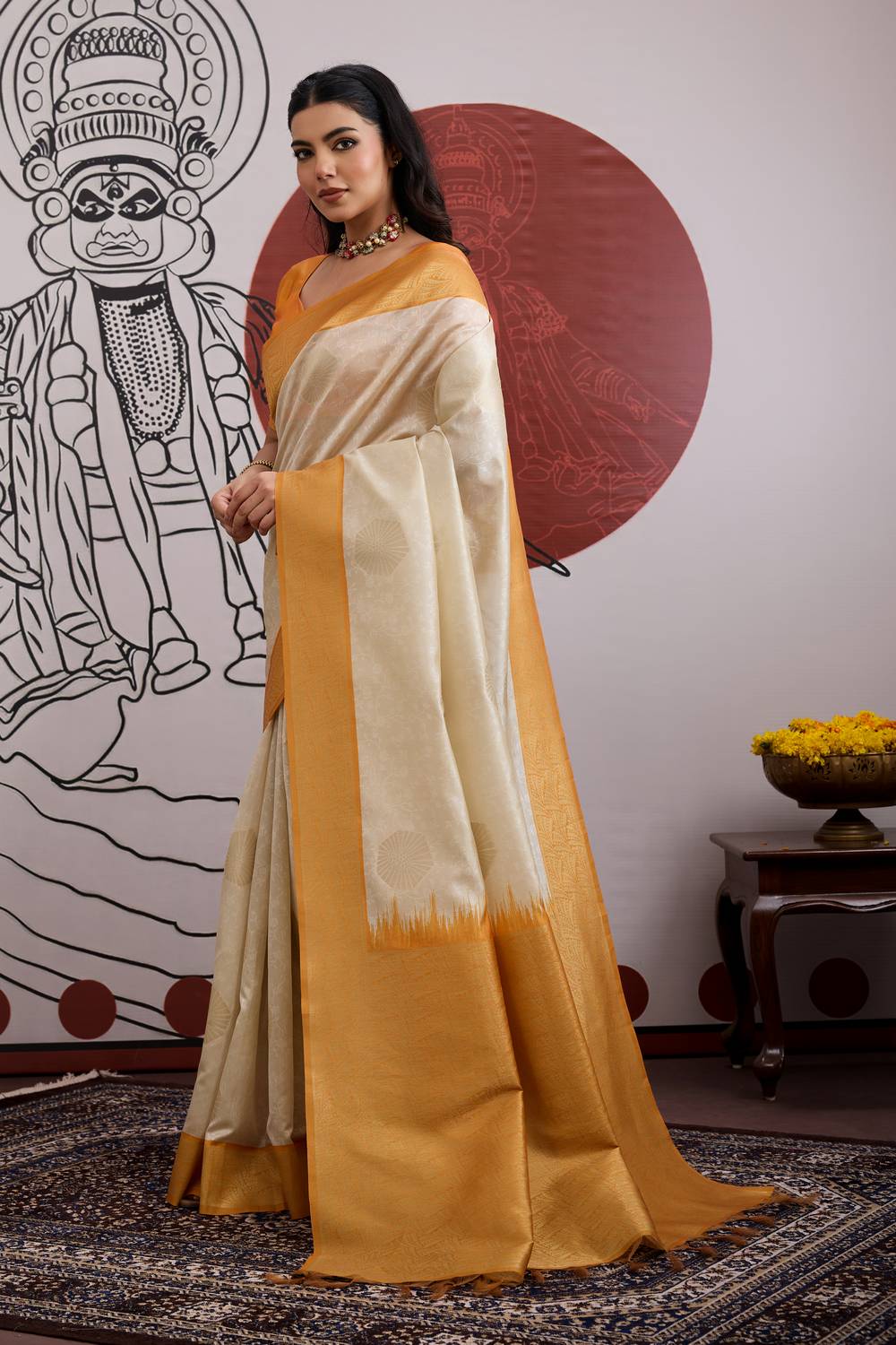 Mona Cream and Mustard Paper Silk Ready to Wear Saree