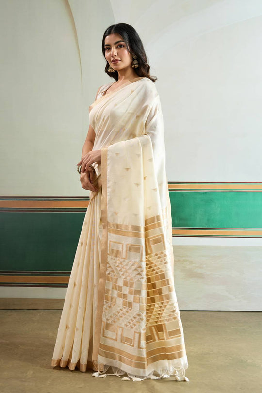 Usha Cream Tussar Silk Ikkat Handloom Weaving Ready to Wear Saree