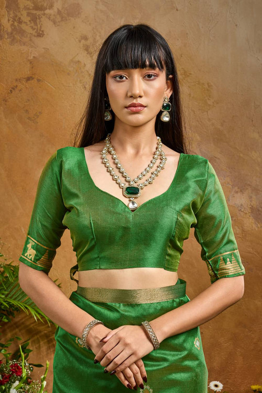 Nikka Parrot Green Tussar Silk Handloom Woven Tribal Border Ready to Wear Saree