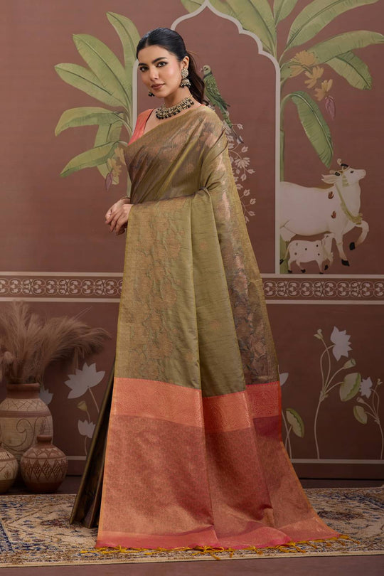 Reishi Olive Green Silk Handloom Woven With Zari Border Ready to Wear Saree