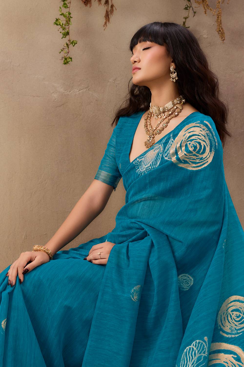 Samara Teal Blue Woven Soft Silk with Floral Motif Work Ready to Wear Saree