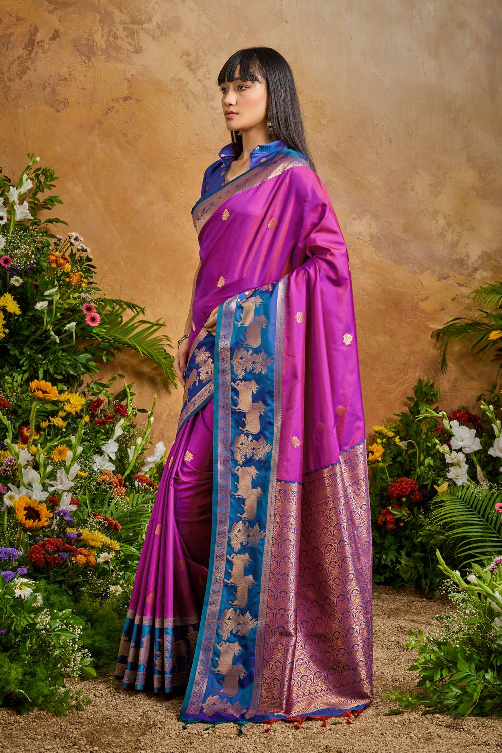 Reishi Magenta Silk Handloom Woven Ready to Wear Saree