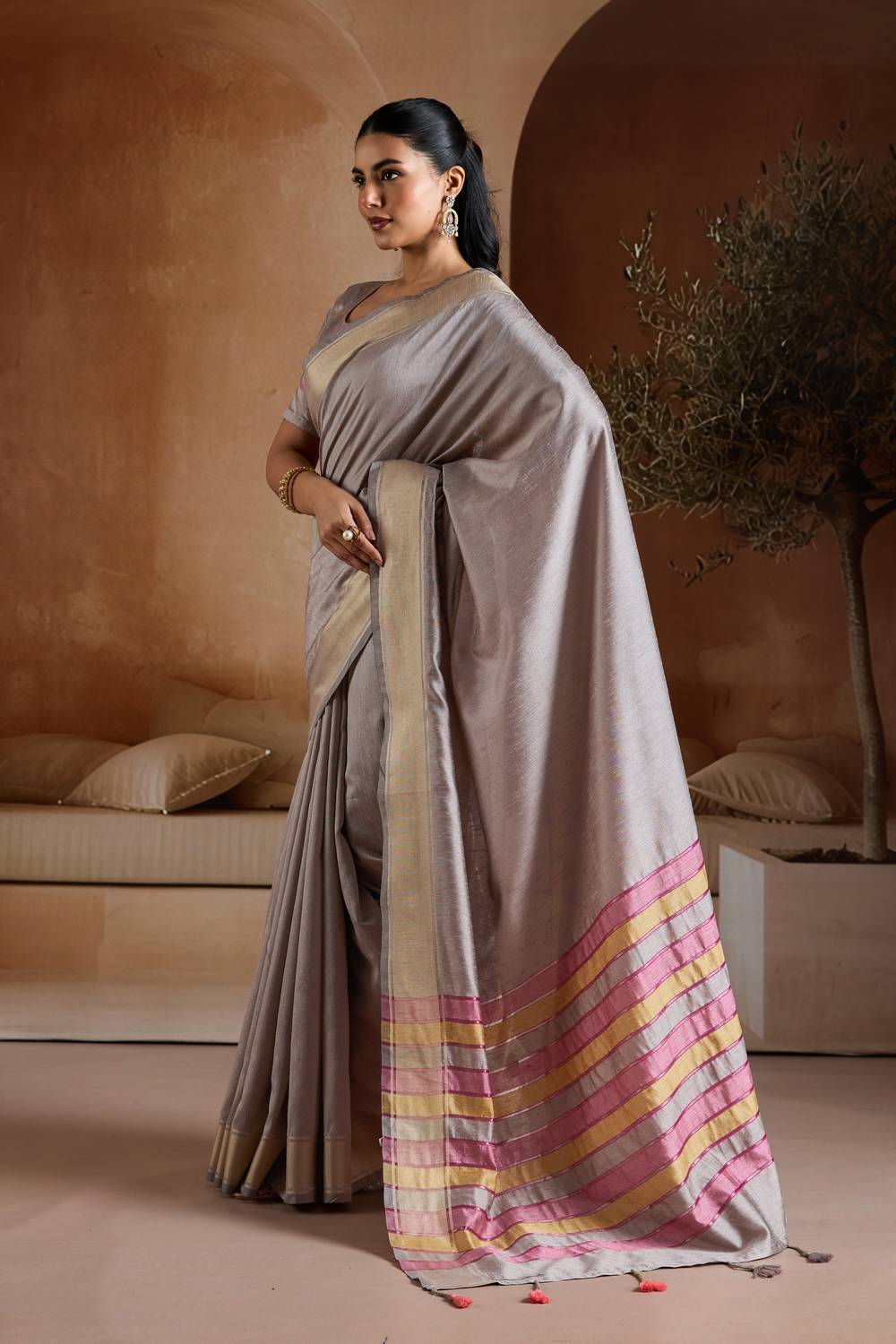 Prerna Soft Dove Grey Handwoven Pure Bhagalpuri Silk Ready to Wear Saree