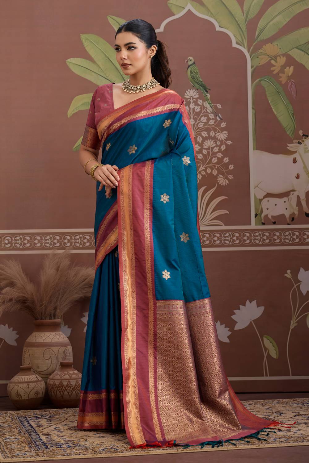 Nima Teal Blue Tussar Silk Handloom Woven Ready to Wear Saree
