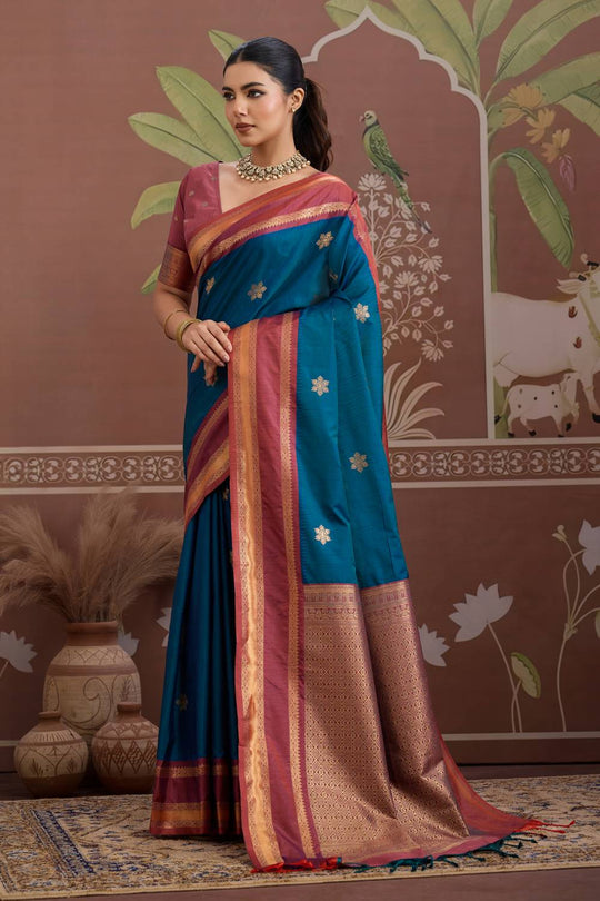 Nima Teal Blue Tussar Silk Handloom Woven Ready to Wear Saree