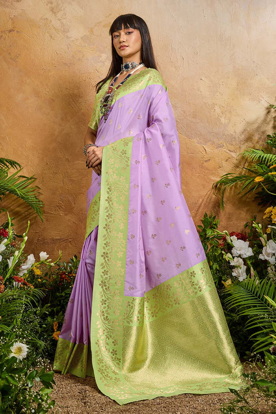 Roya Lavender and Green Handloom Weaving Silk Ready to Wear Saree