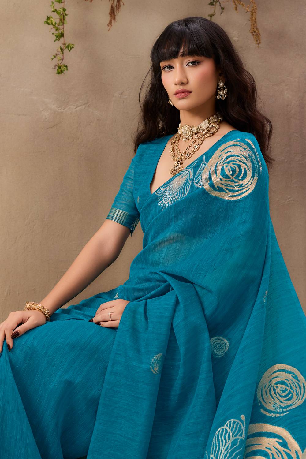 Samara Teal Blue Woven Soft Silk with Floral Motif Work Ready to Wear Saree