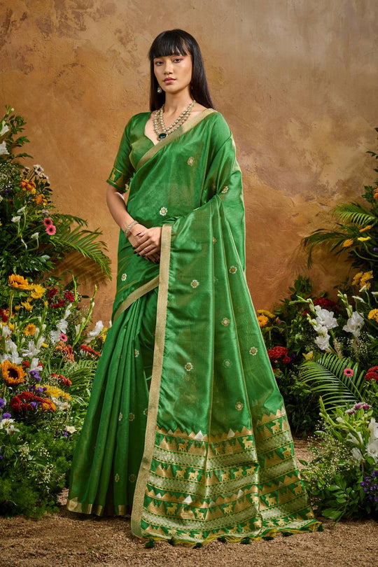 Nikka Parrot Green Tussar Silk Handloom Woven Tribal Border Ready to Wear Saree