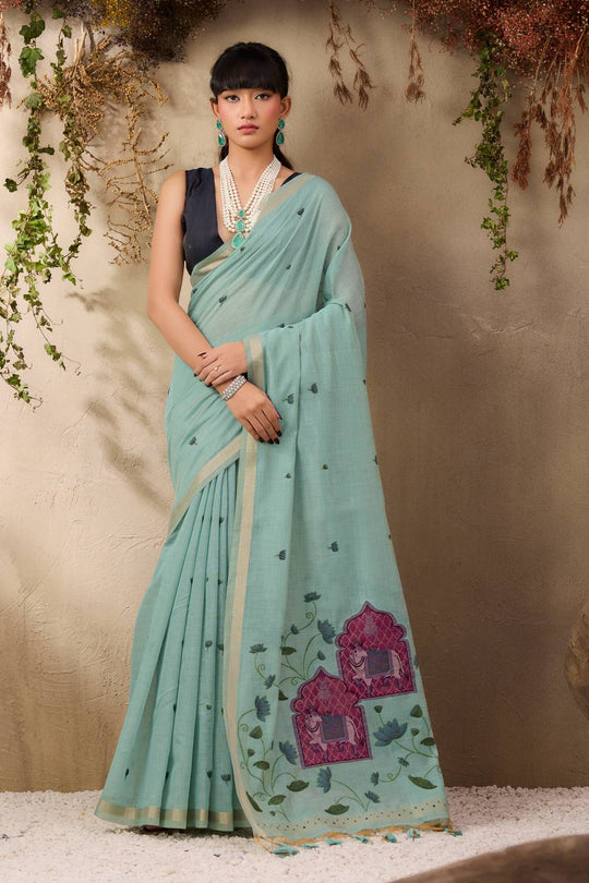 Sanja Pastel Blue Cotton Woven Ready to Wear Saree