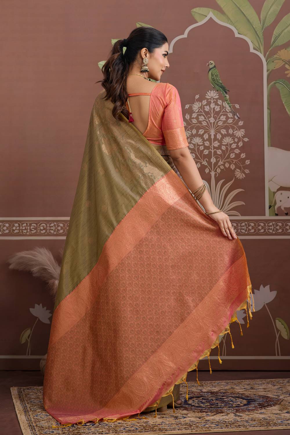 Reishi Olive Green Silk Handloom Woven With Zari Border Ready to Wear Saree