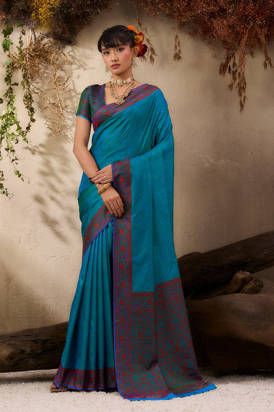 Jivana Turquoise Blue Pure Kanjivaram Weaving Silk Ready to Wear Saree