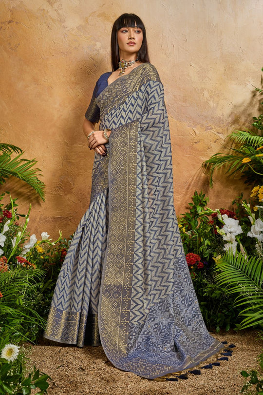 Helen Slate Blue Viscose Cotton Handloom Woven Patola Ready to Wear Saree