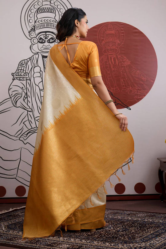 Mona Cream and Mustard Paper Silk Ready to Wear Saree