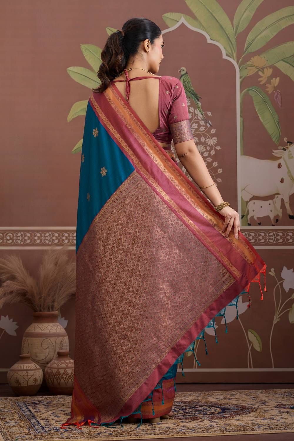 Nima Teal Blue Tussar Silk Handloom Woven Ready to Wear Saree