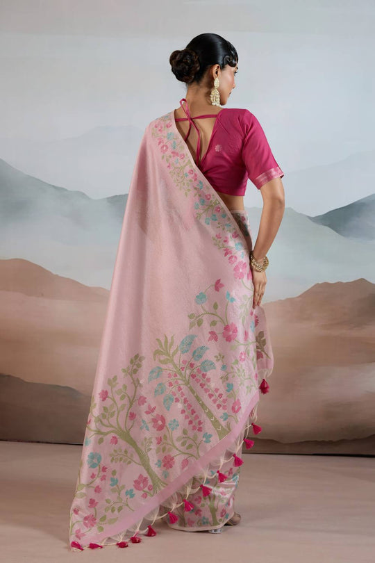 Gaila Rosy Blush Pink Handloom Zari Tissue Brasso Weaving Ready to Wear Saree