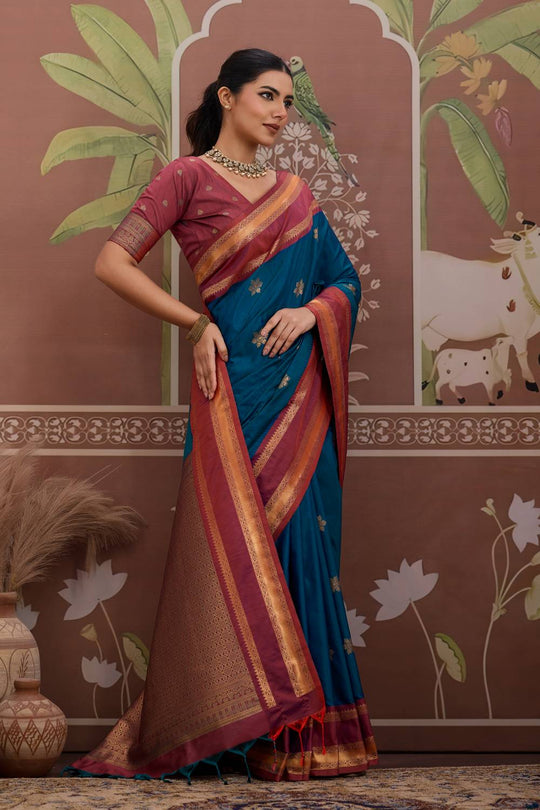 Nima Teal Blue Tussar Silk Handloom Woven Ready to Wear Saree
