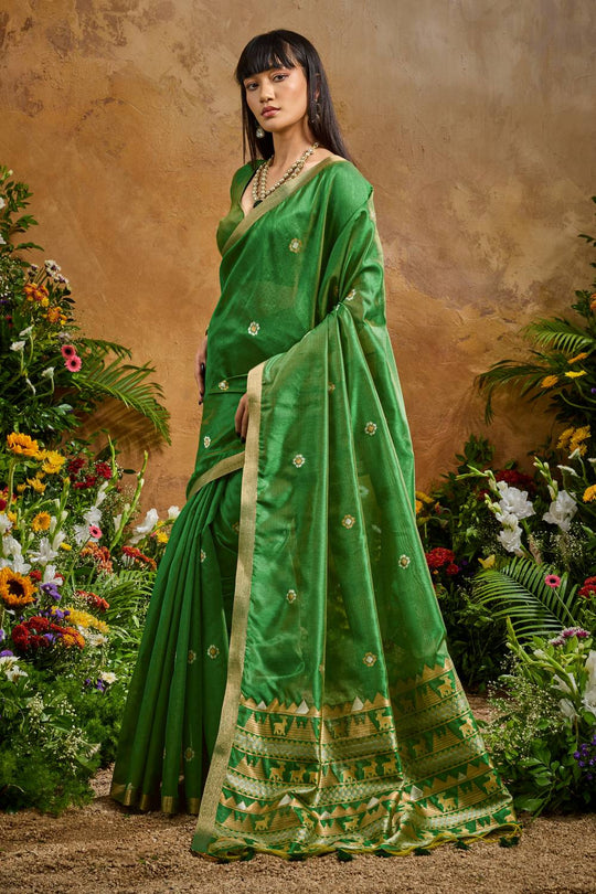 Nikka Parrot Green Tussar Silk Handloom Woven Tribal Border Ready to Wear Saree