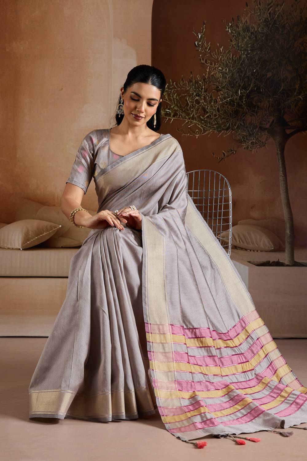 Prerna Soft Dove Grey Handwoven Pure Bhagalpuri Silk Ready to Wear Saree