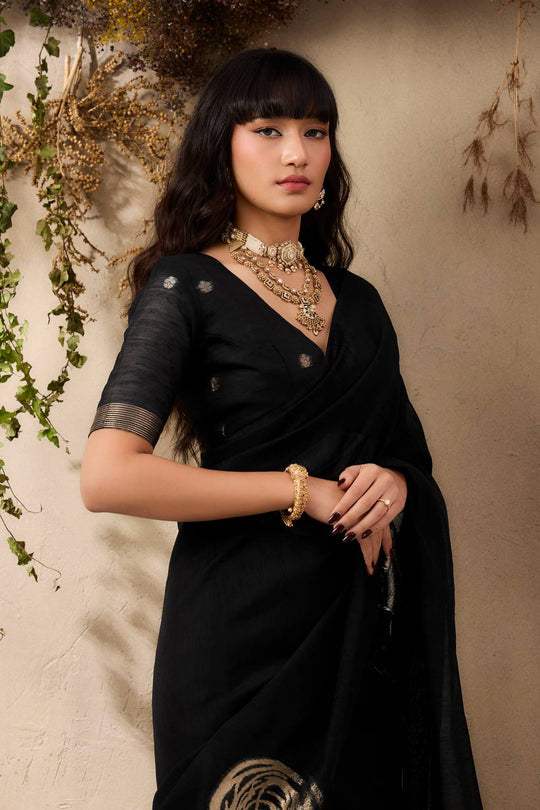 Samara Metal Black Woven Soft Silk with Floral Motif Work Ready to Wear Saree