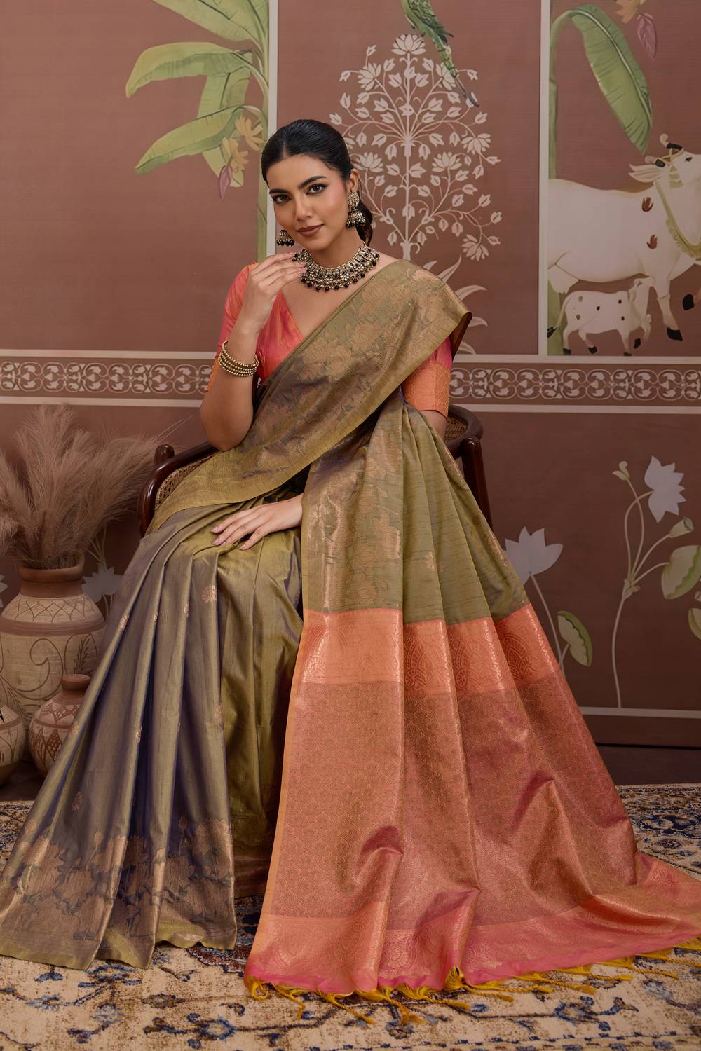 Reishi Olive Green Silk Handloom Woven With Zari Border Ready to Wear Saree