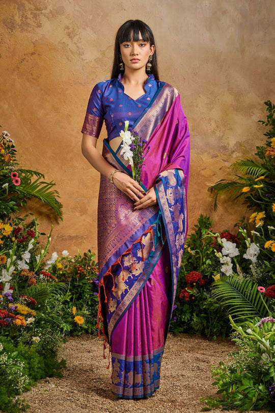 Reishi Magenta Silk Handloom Woven Ready to Wear Saree