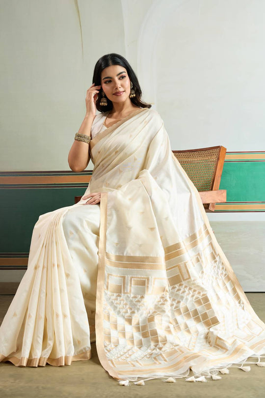 Usha Cream Tussar Silk Ikkat Handloom Weaving Ready to Wear Saree