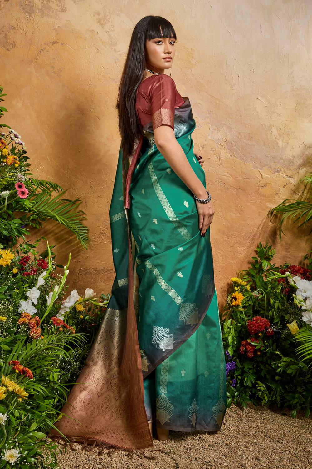 Suri Teal Green Paper Silk With Zari Work Ready to Wear One Minute Saree