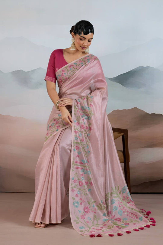 Gaila Rosy Blush Pink Handloom Zari Tissue Brasso Weaving Ready to Wear Saree