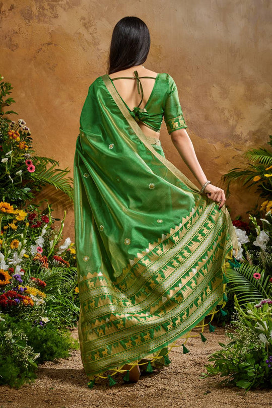 Nikka Parrot Green Tussar Silk Handloom Woven Tribal Border Ready to Wear Saree