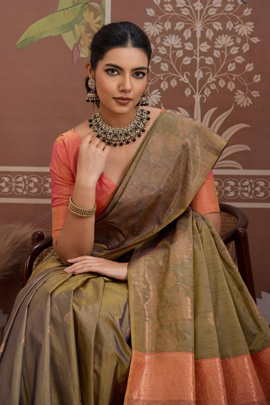 Reishi Olive Green Silk Handloom Woven With Zari Border Ready to Wear Saree