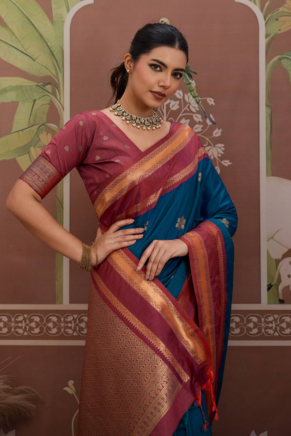 Nima Teal Blue Tussar Silk Handloom Woven Ready to Wear Saree