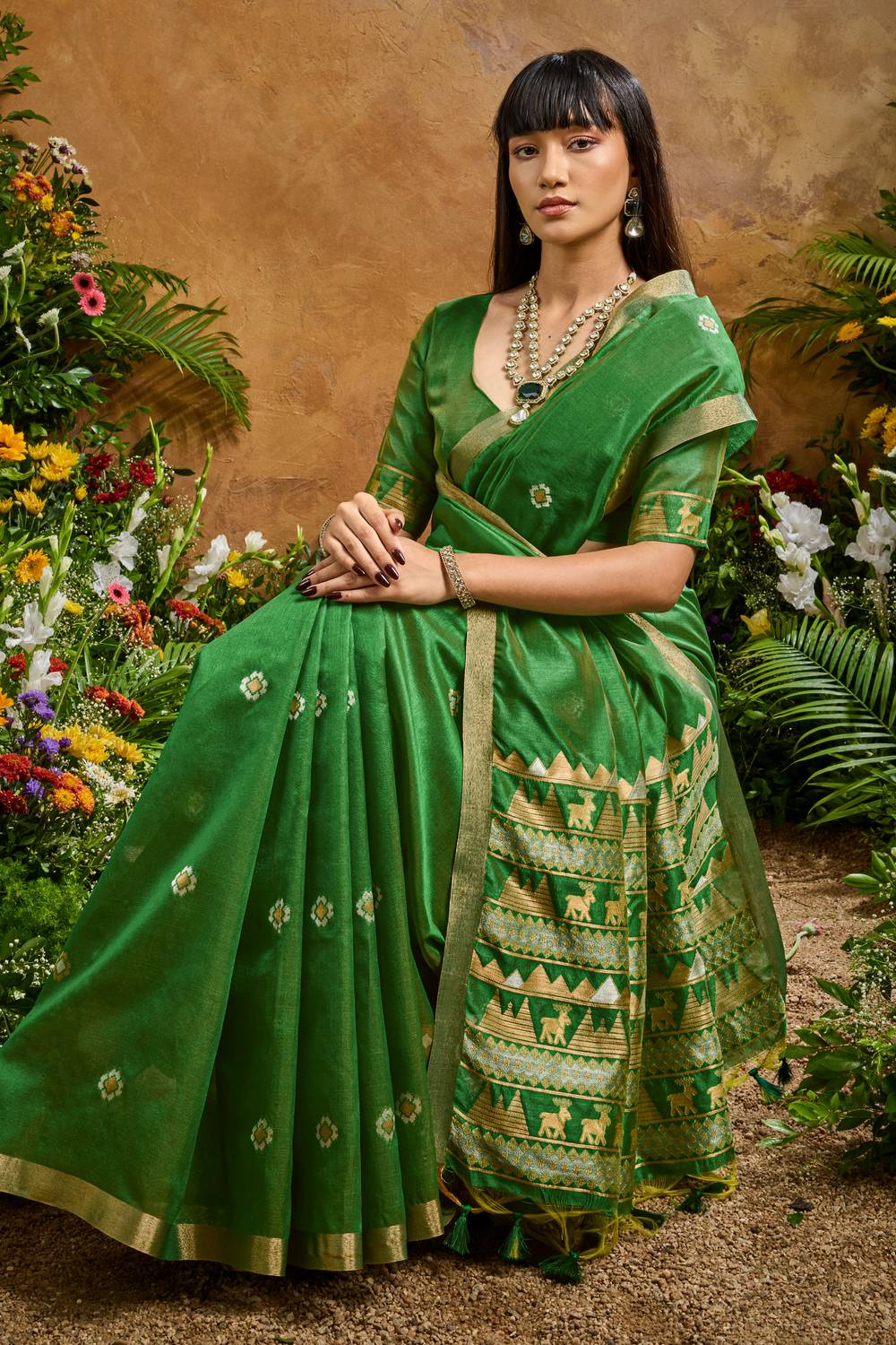 Nikka Parrot Green Tussar Silk Handloom Woven Tribal Border Ready to Wear Saree