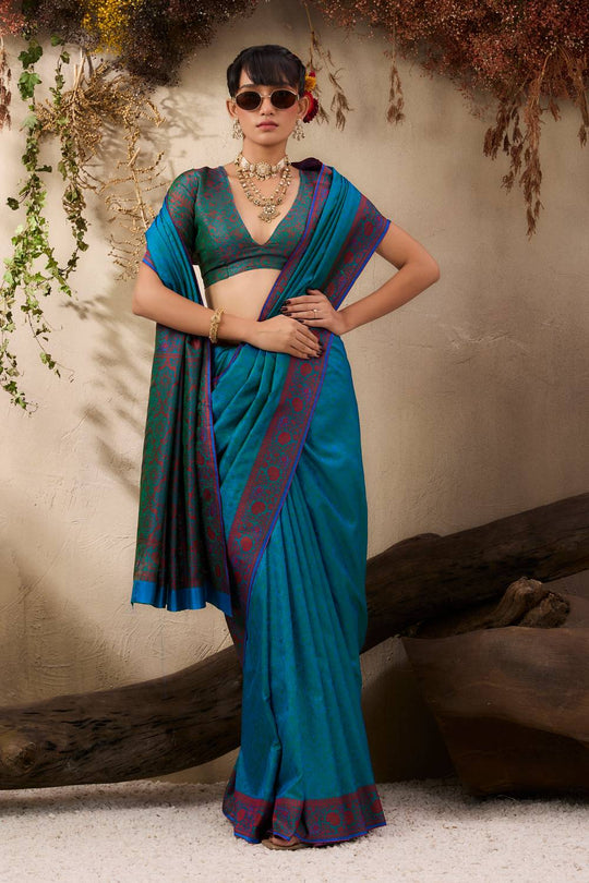 Jivana Turquoise Blue Pure Kanjivaram Weaving Silk Ready to Wear Saree