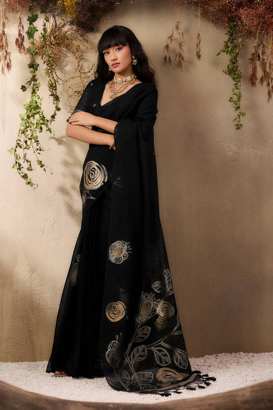 Samara Metal Black Woven Soft Silk with Floral Motif Work Ready to Wear Saree