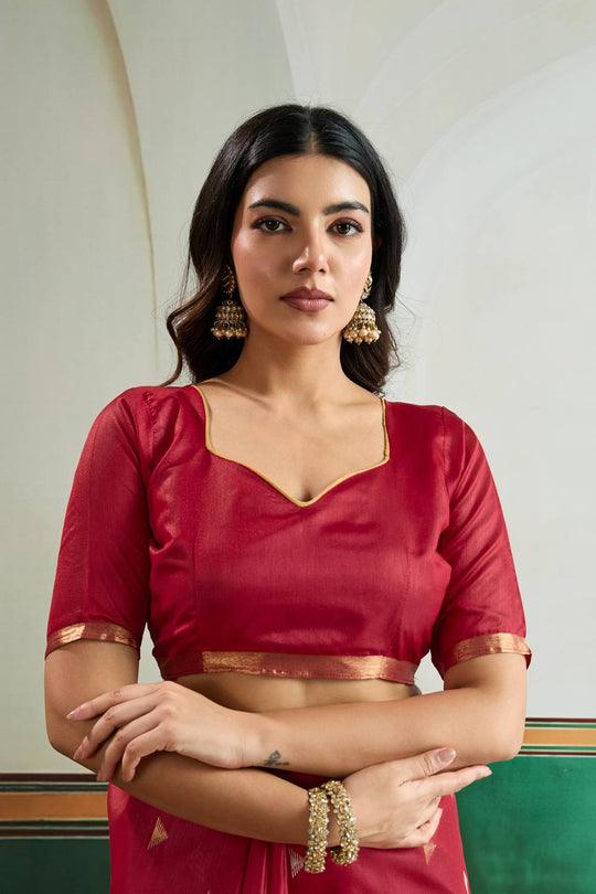 Usha Red Tussar Silk Ikkat Handloom Weaving Ready to Wear Saree