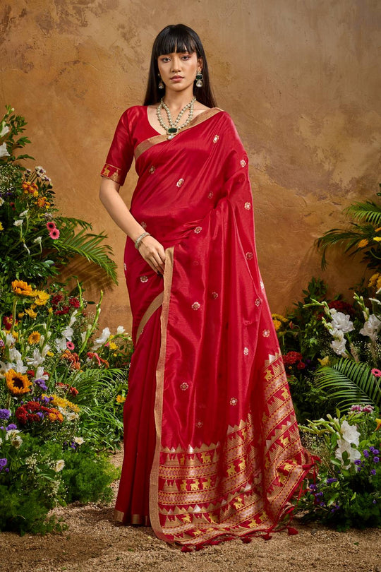Nikka Rani Red Tussar Silk Handloom Woven Tribal Border Ready to Wear Saree