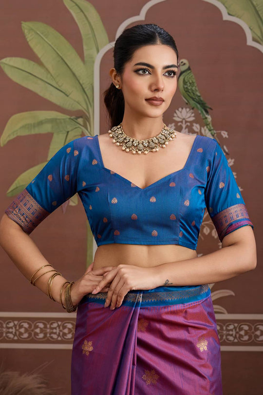 Nima Purple Tussar Silk Handloom Woven Ready to Wear Saree