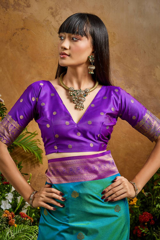 Reishi Peacock Blue Silk Handloom Woven Ready to Wear Saree