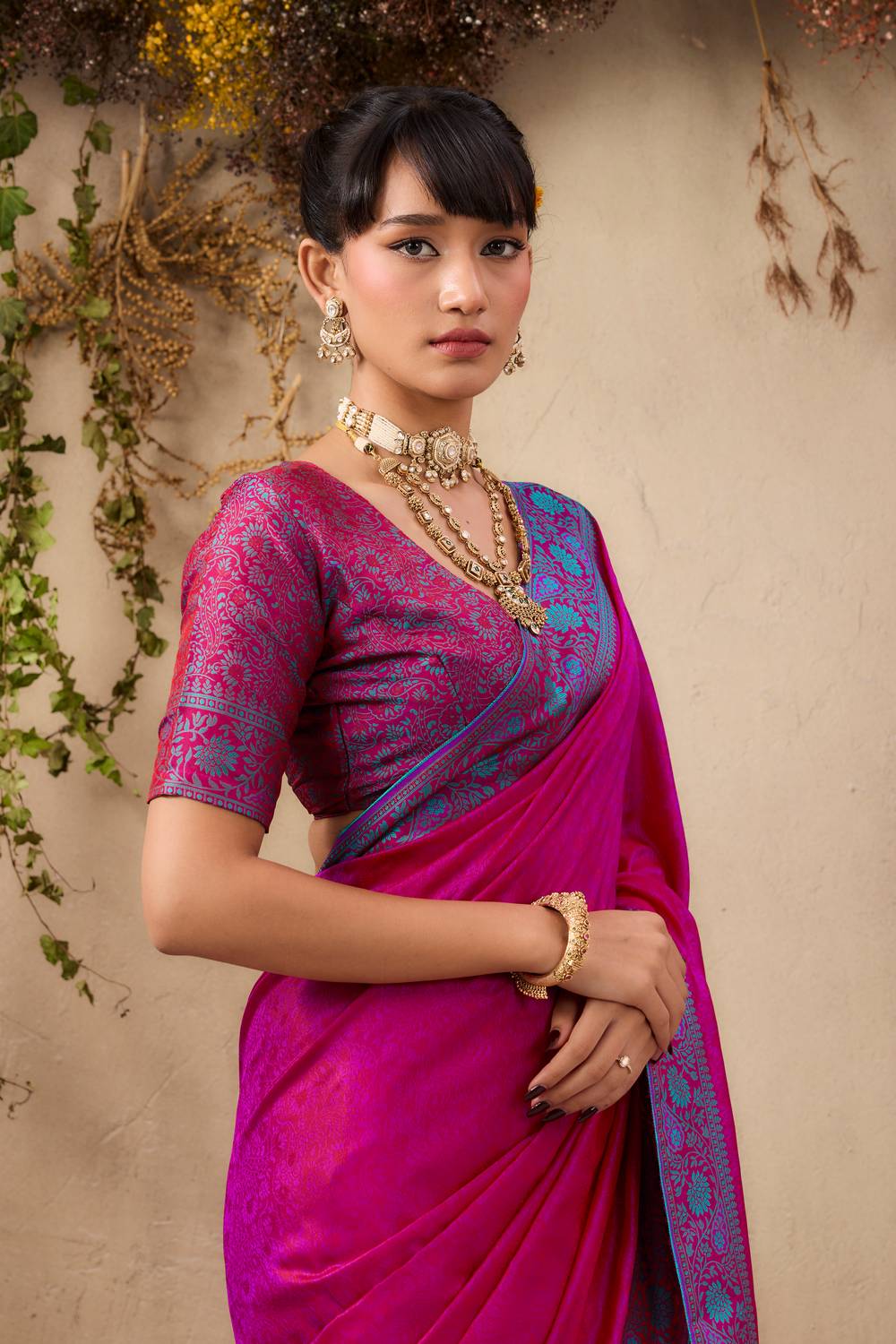 Jivana Magenta Pure Kanjivaram Weaving Silk Ready to Wear Saree