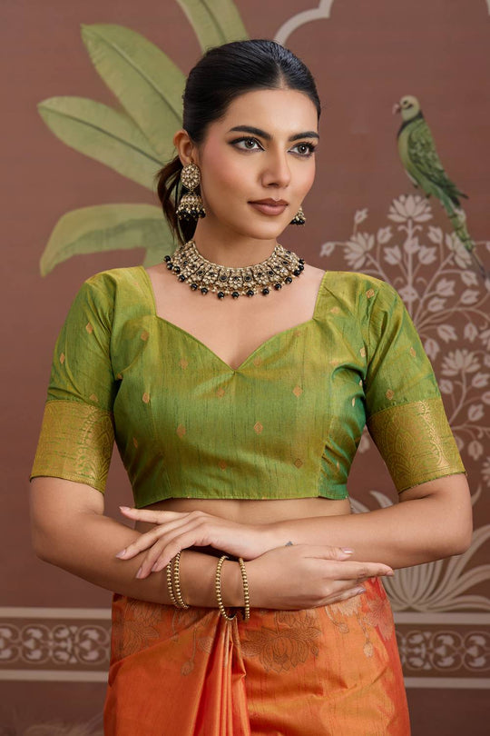 Reishi Orange Silk Handloom Woven With Zari Border Ready to Wear Saree