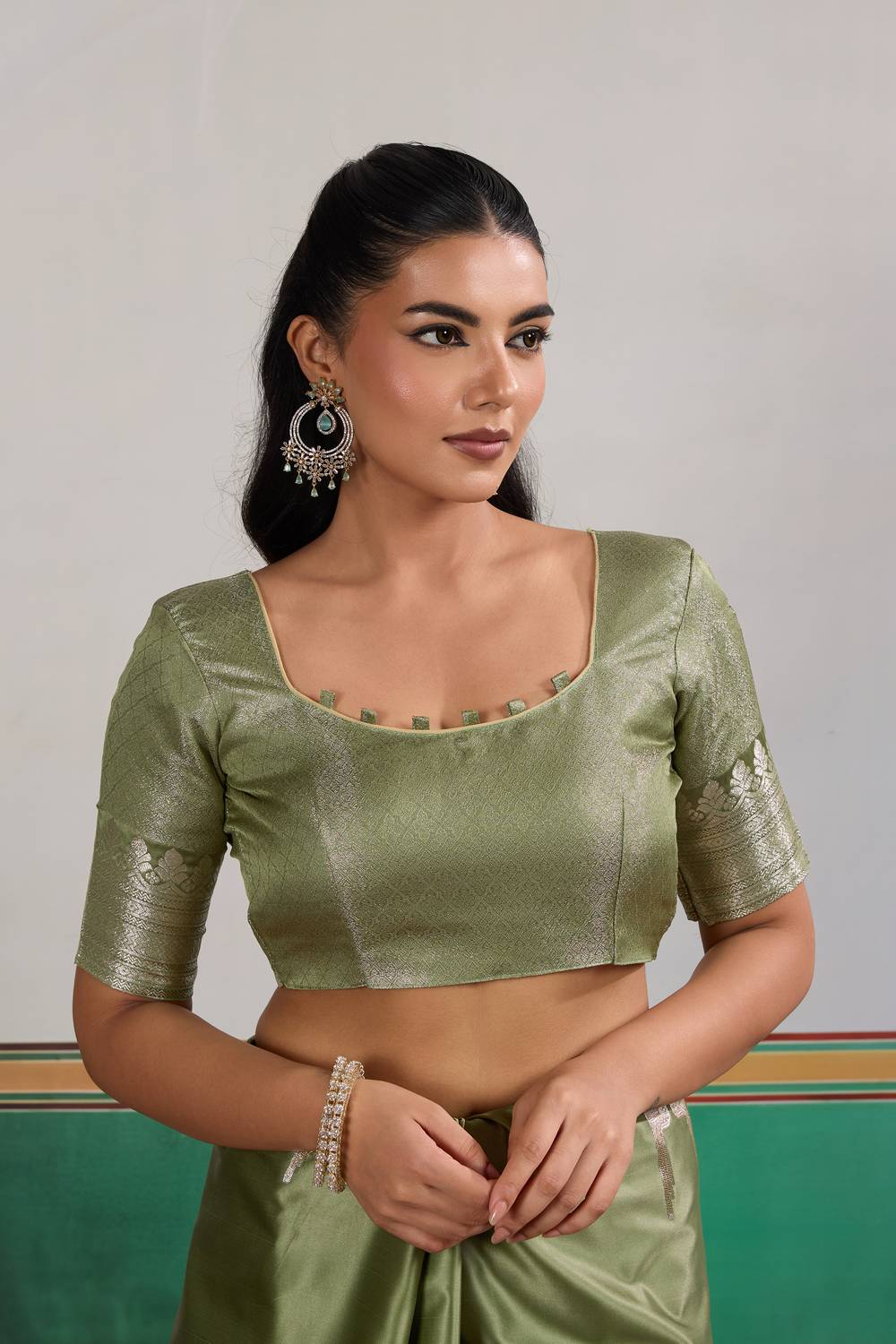 Casey Olive Green Pure Satin Handloom Weaving Ready to Wear Saree