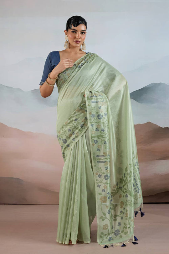 Gaila Summer Green Handloom Zari Tissue Brasso Weaving Ready to Wear Saree