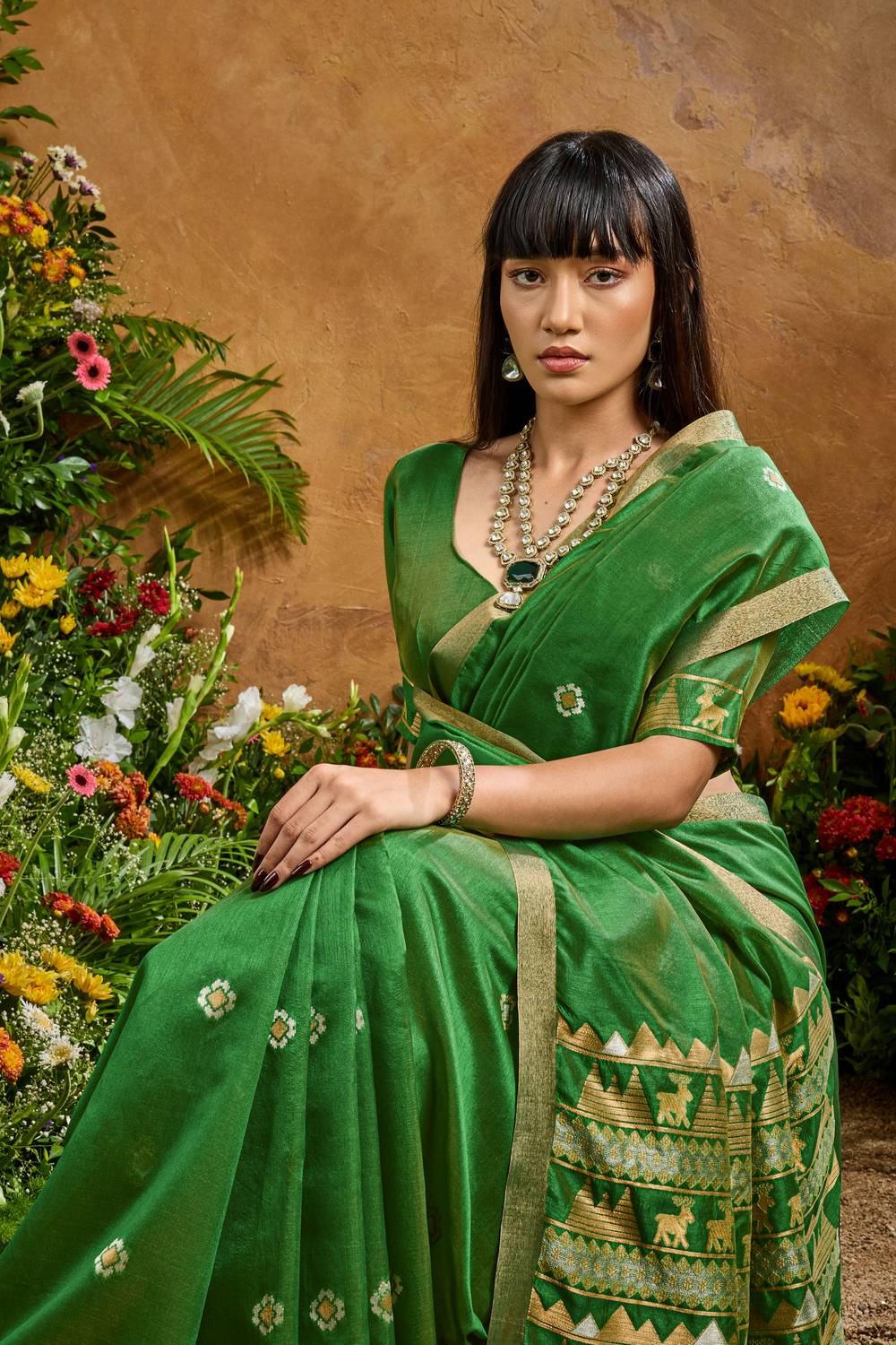 Nikka Parrot Green Tussar Silk Handloom Woven Tribal Border Ready to Wear Saree