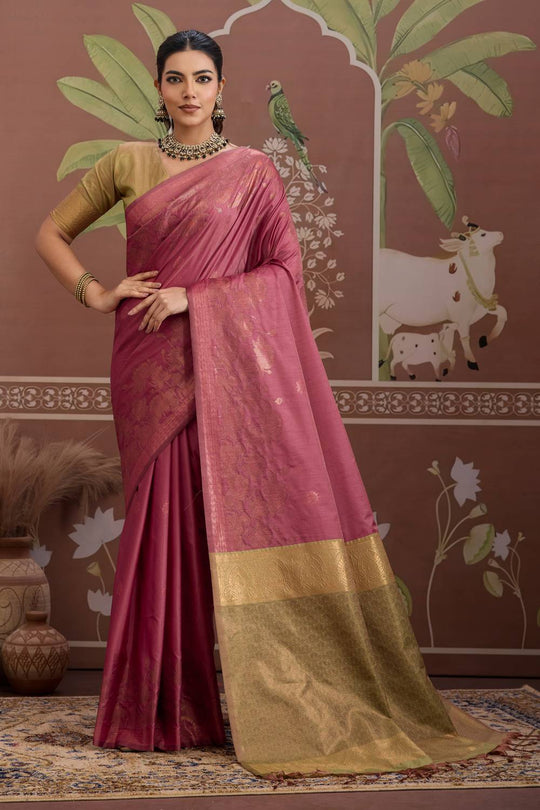 Reishi Mauve Pink Silk Handloom Woven With Zari Border Ready to Wear Saree