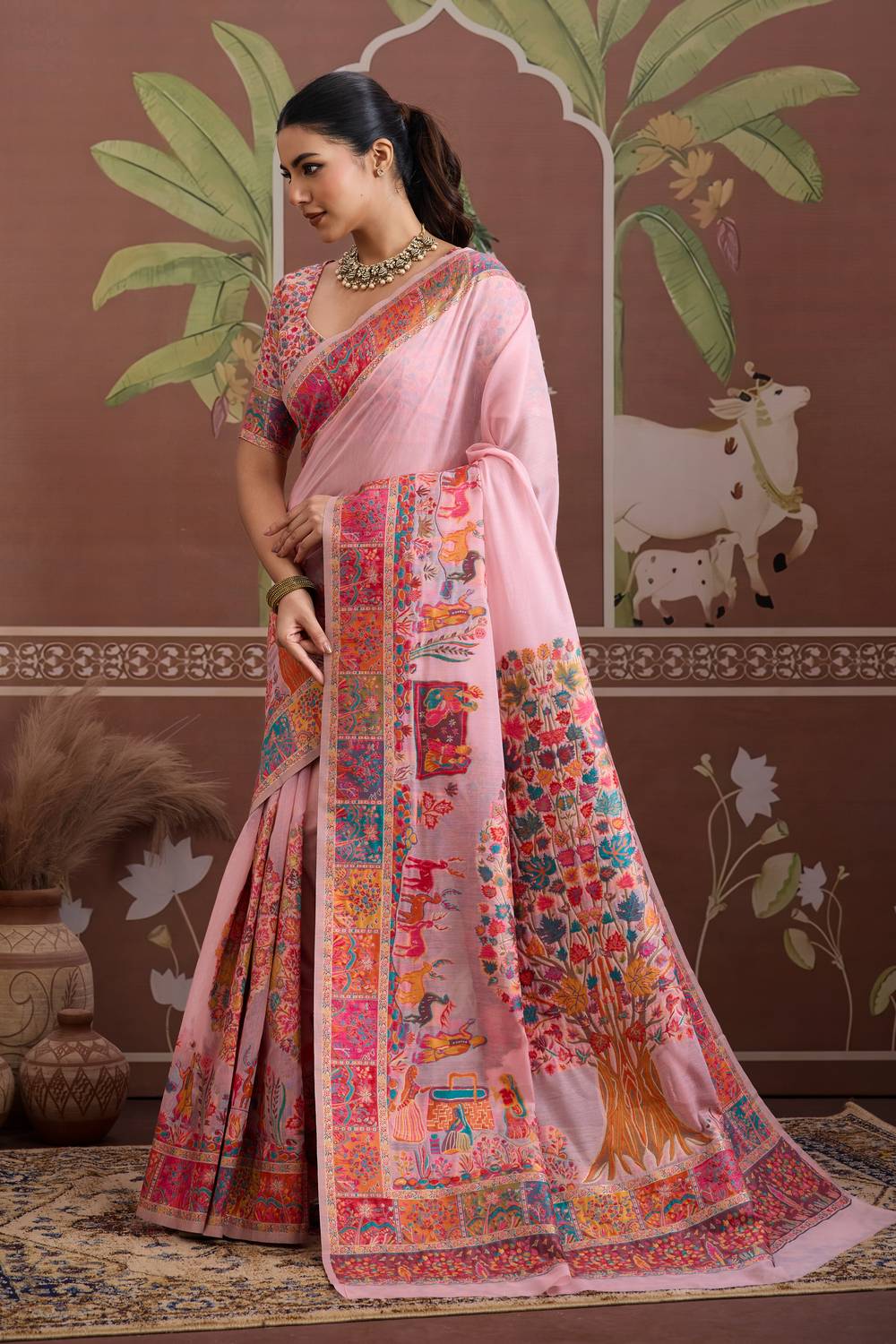 Misha Light Pink Modal Cotton Pashmina Woven Ready to Wear Saree