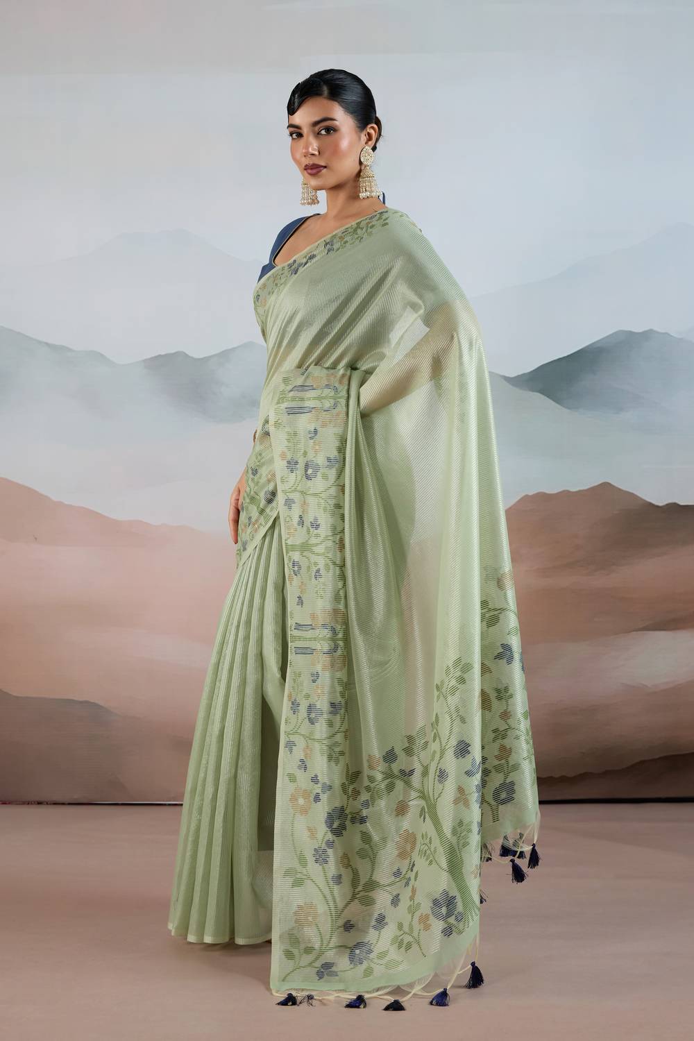 Gaila Summer Green Handloom Zari Tissue Brasso Weaving Ready to Wear Saree
