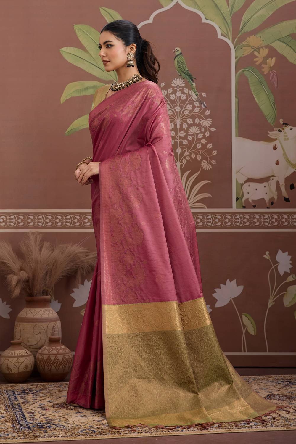 Reishi Mauve Pink Silk Handloom Woven With Zari Border Ready to Wear Saree