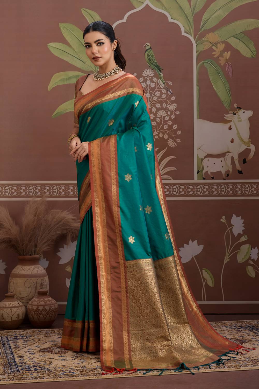 Nima Bottle Green Tussar Silk Handloom Woven Ready to Wear Saree