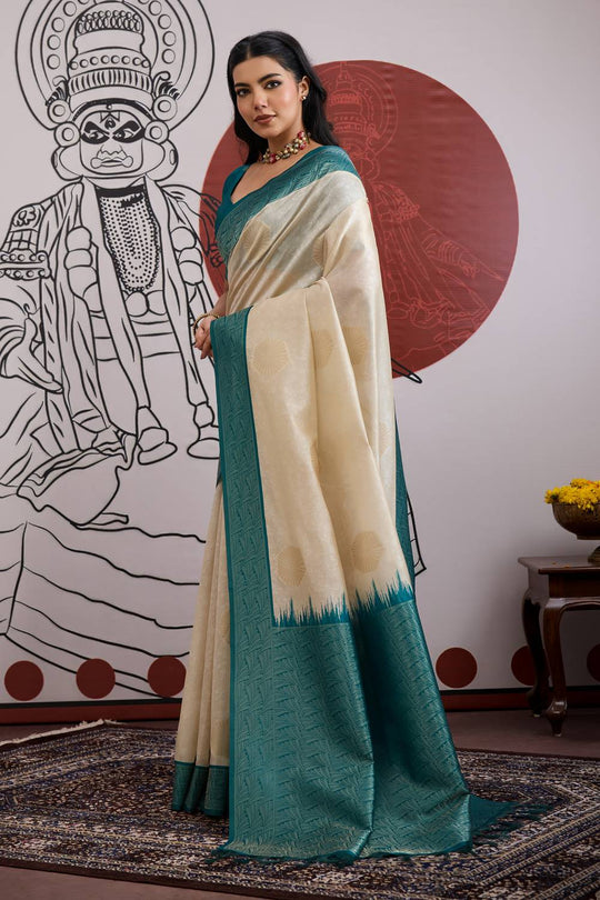Mona Cream & Teal Blue Paper Silk Ready to Wear Saree